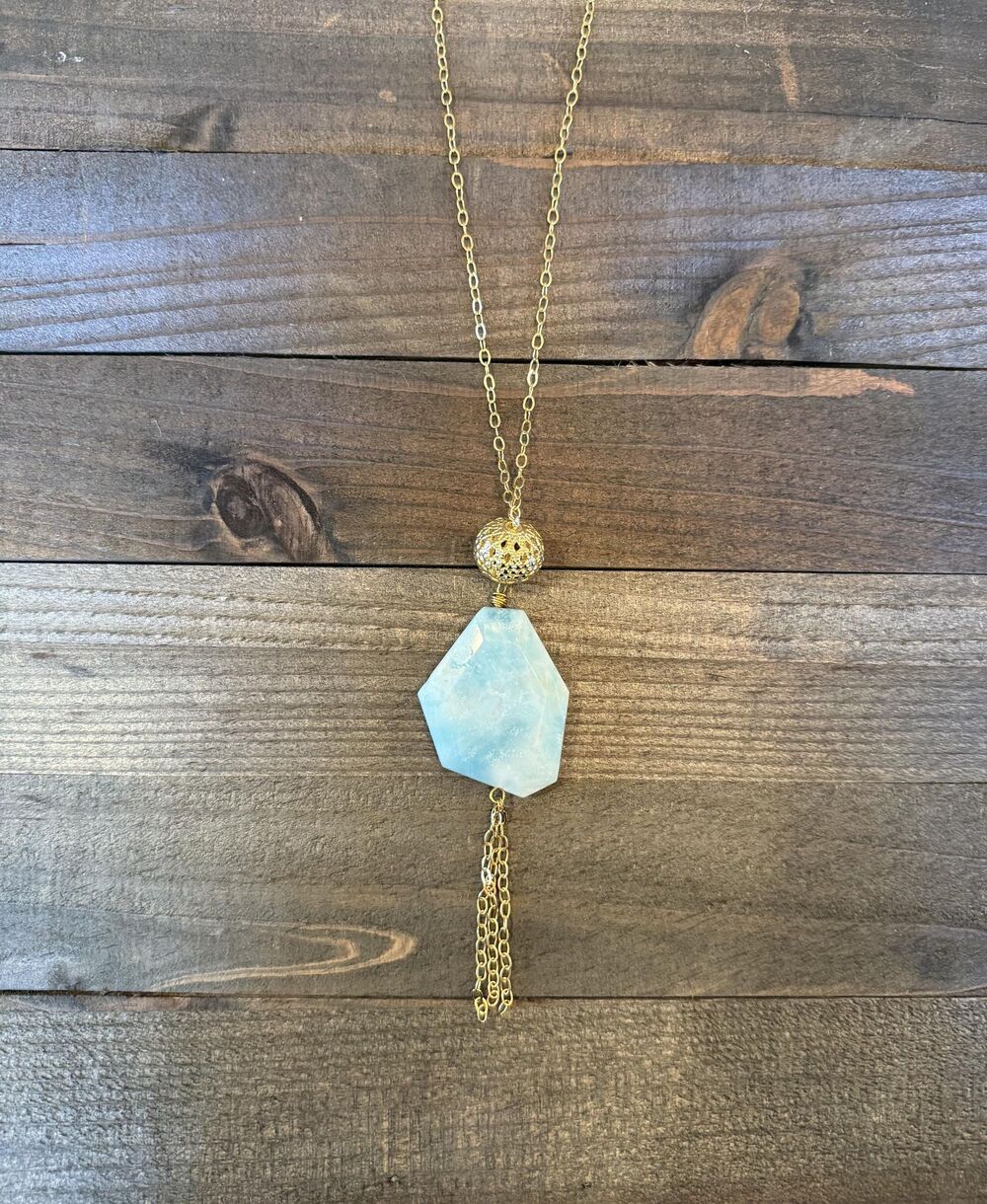 Long Amazonite Pendant Necklace with Gold Tassel | 28" Chain